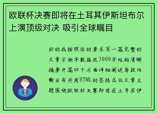 欧联杯决赛即将在土耳其伊斯坦布尔上演顶级对决 吸引全球瞩目 欧联杯决赛即将在土耳其伊斯坦布尔上演顶级对决 吸引全球瞩目