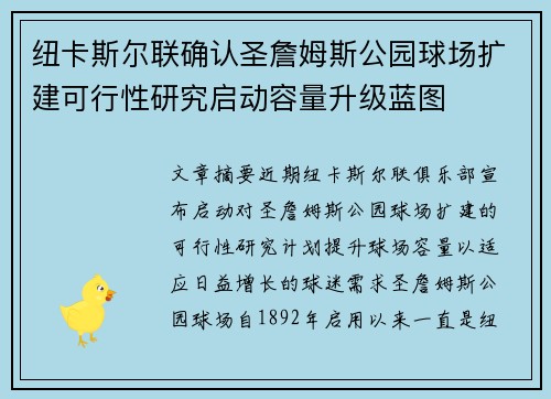 纽卡斯尔联确认圣詹姆斯公园球场扩建可行性研究启动容量升级蓝图